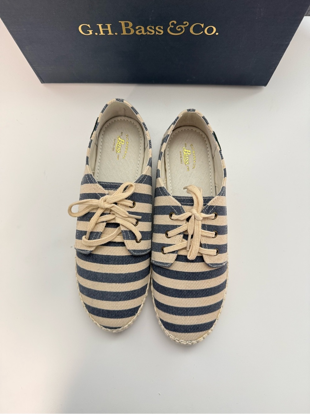 G.H. Bass & Co. Navy and Cream Striped Canvas Lace-Up Espadrilles